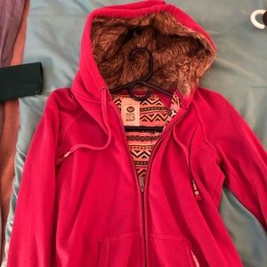 Women’s Pink Roxy Zip Up with Faux Fur Hood